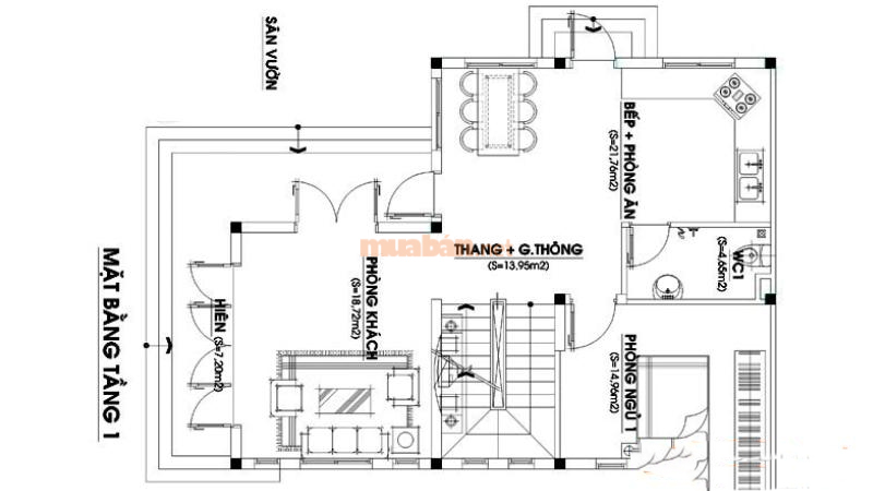 Bản vẽ nhà 2 tầng chữ L tầng 1 đầy hiện đại