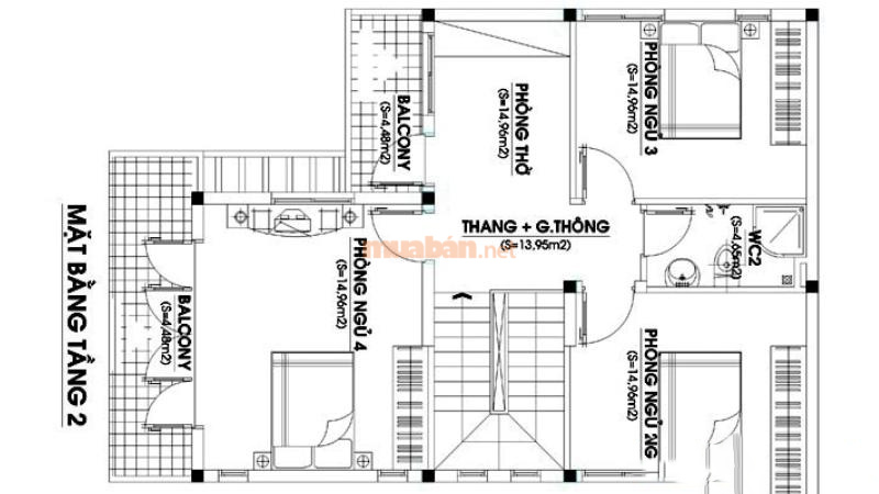 Bản vẽ nhà 2 tầng chữ L tầng 2