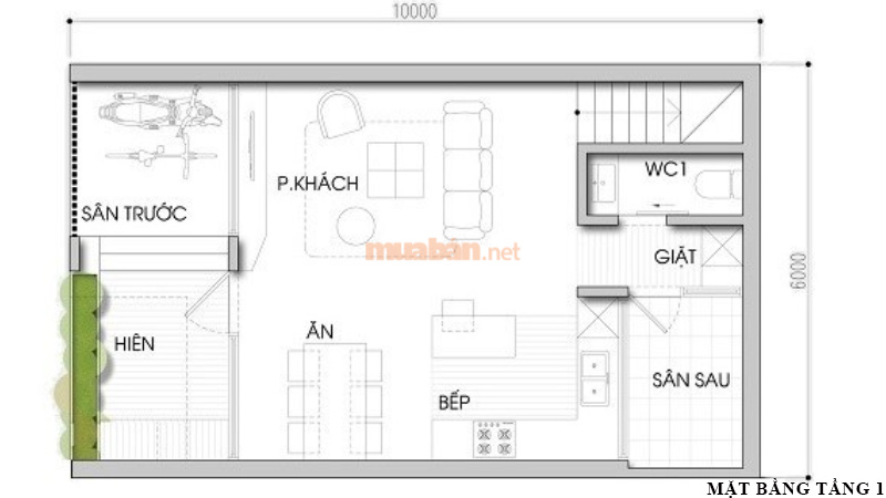 Bản vẽ nhà 2 tầng 6x10m tầng 1