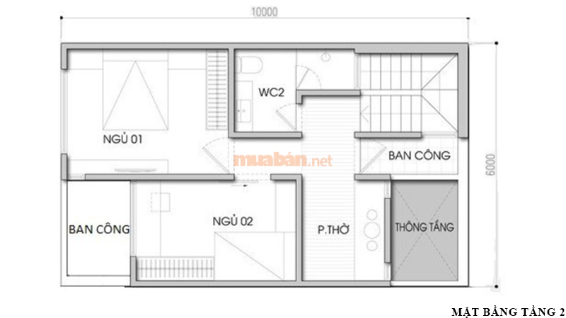 Bản vẽ nhà 2 tầng 6x10m tầng 2