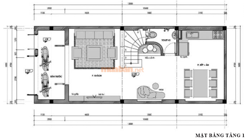 Bản vẽ nhà 2 tầng 60m2 tầng 1