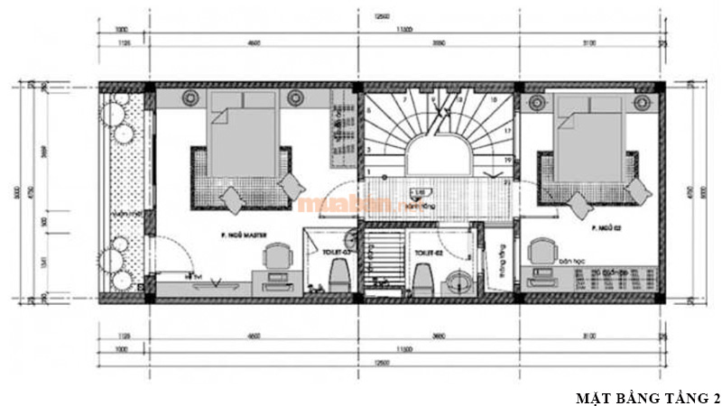 Bản vẽ nhà 2 tầng 60m2 tầng 2