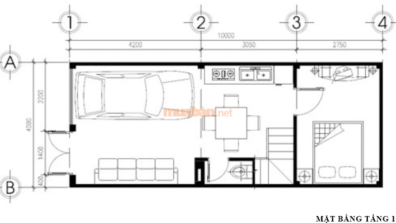 Bản vẽ nhà 2 tầng 4x10m tầng 1