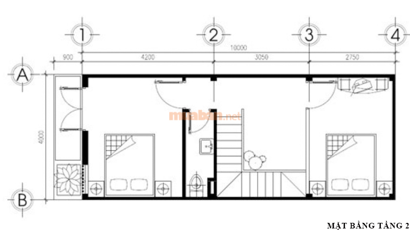 Bản vẽ nhà 2 tầng 4x10m tầng 2