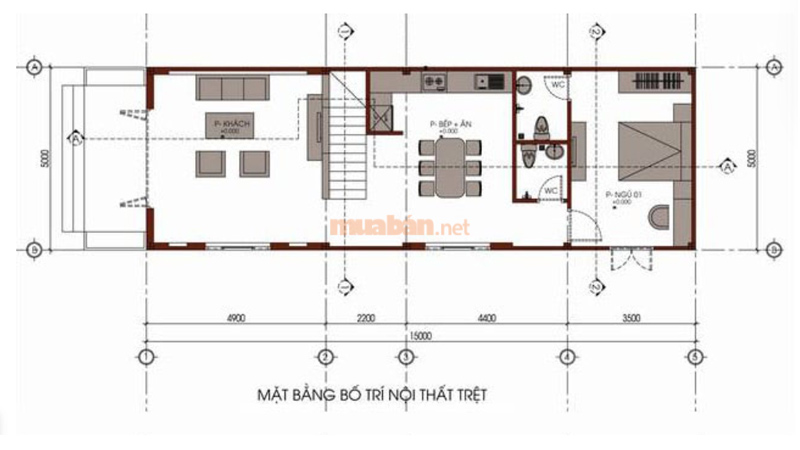 Bản vẽ nhà 2 tầng 5x15 tầng 1