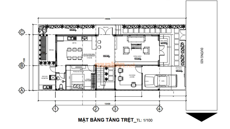 Bản vẽ nhà 2 tầng mặt tiền 7m tầng 1