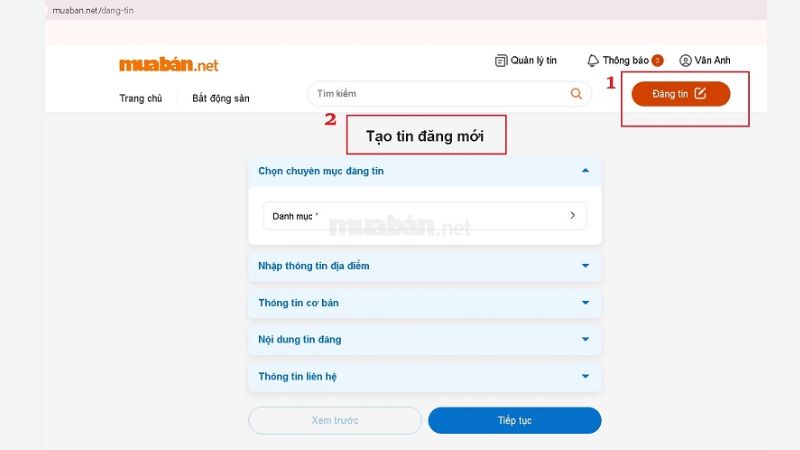 Chọn Đăng tin =>  thực hiện Tạo tin đăng mới