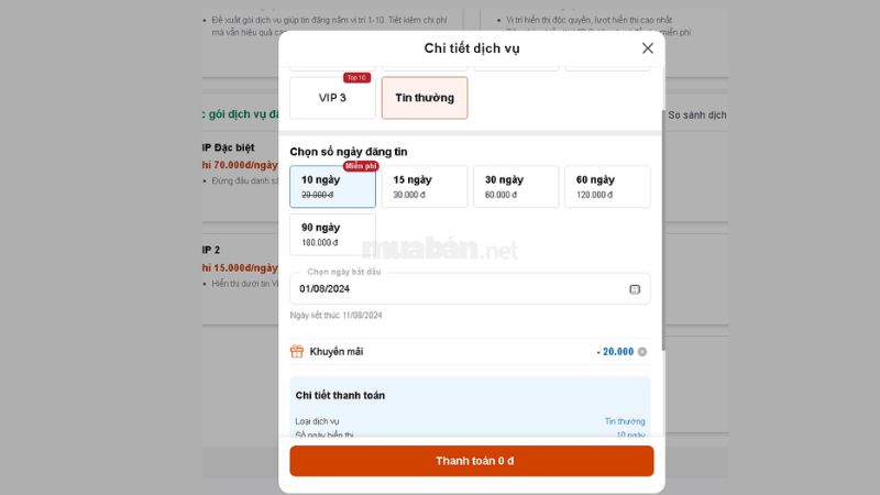 Muaban.net mặc định tin miễn phí là 10 ngày tin thường