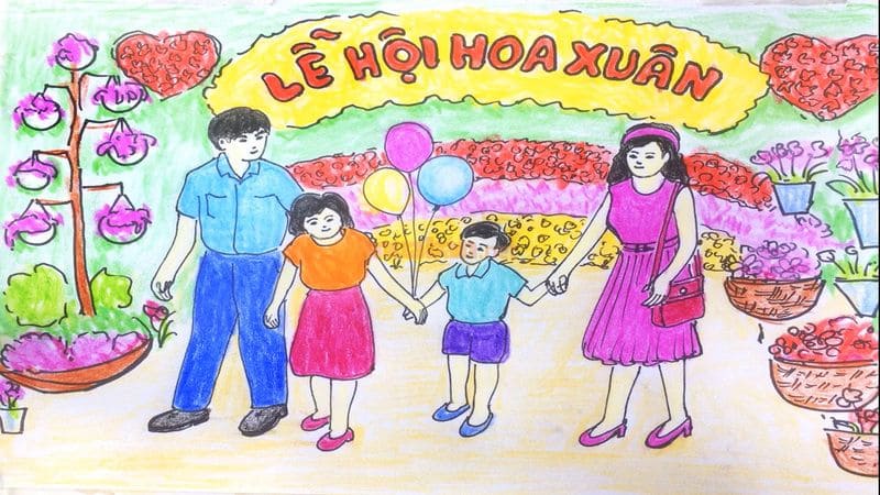 Tranh vẽ gia đình bé cùng đi lễ hội hoa xuân tại chợ Tết - Nguồn ảnh: Sưu tầm