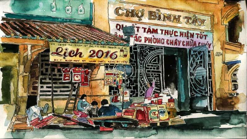 Tranh vẽ chợ Tết những năm 2016 - Nguồn ảnh: Sưu tầm