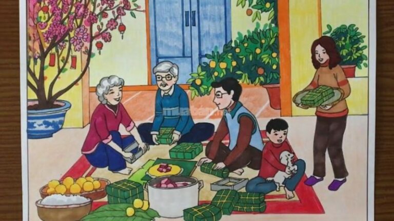 20 ý tưởng vẽ tranh gói bánh chưng ngày Tết đẹp, ý nghĩa