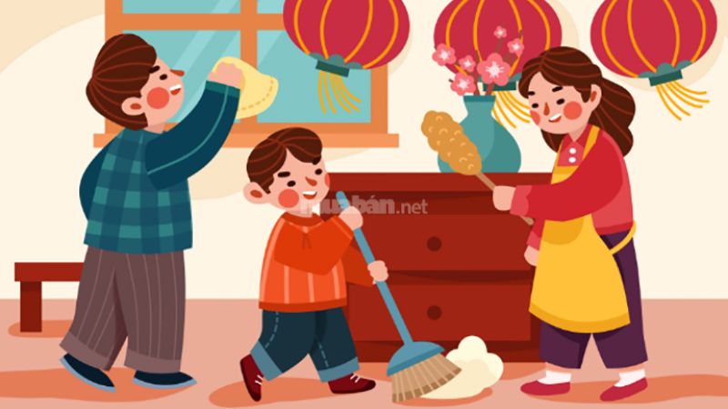 10 Mẫu tranh vẽ dọn nhà đón Tết đơn giản, ấm áp