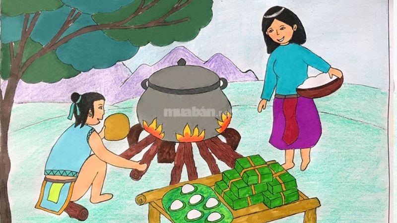 Bức tranh vẽ về ngày Tết – Sự tích bánh chưng bánh giầy