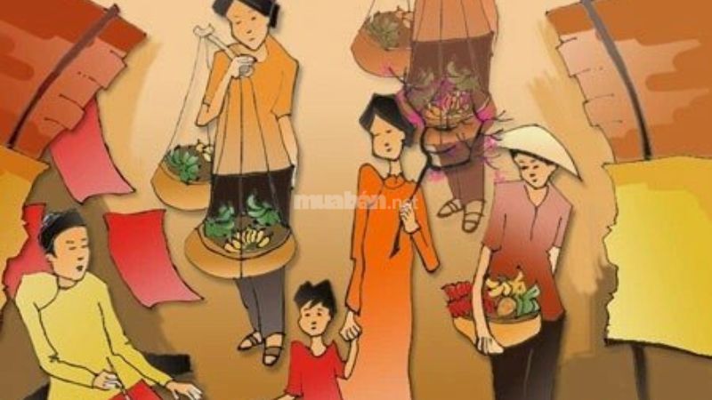 Tranh phong cảnh họp chợ ngày Tết