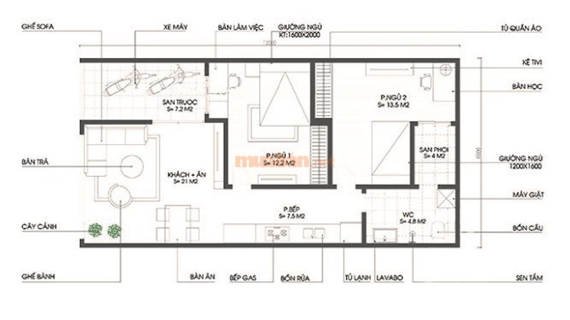 Bản vẽ nhà ống 1 tầng 5x17m