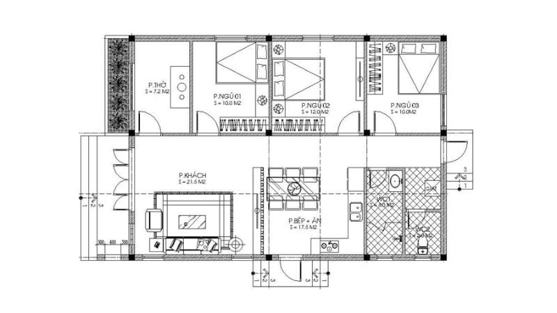 Bản vẽ nhà cấp 4 3 phòng ngủ đầy đủ công năng.