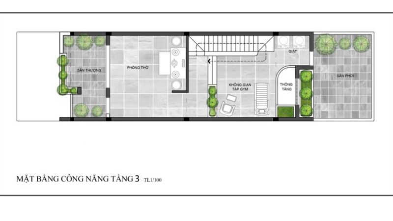 Bản vẽ thiết kế tầng 3 của nhà ống 3 tầng