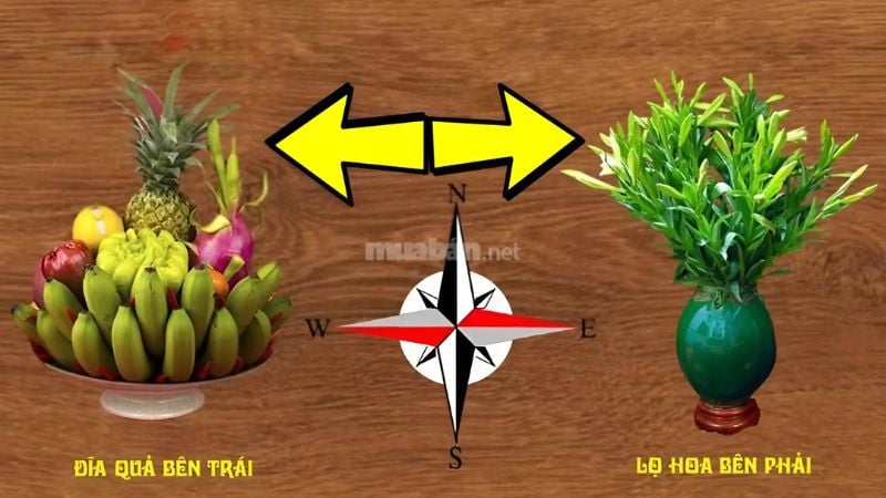 Cách bài trí hoa cúng và lễ vật theo nguyên tắc "Đông bình Tây quả"