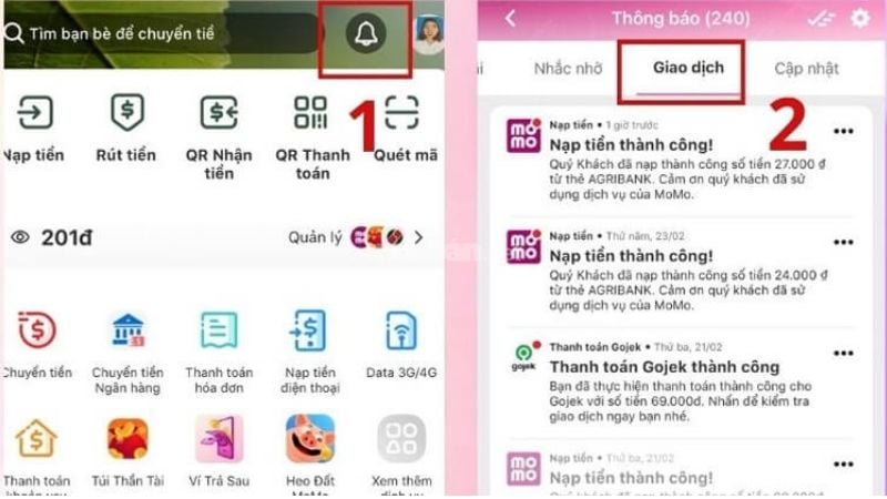 Bước 1: Chọn vào "Giao dịch" trên app Momo