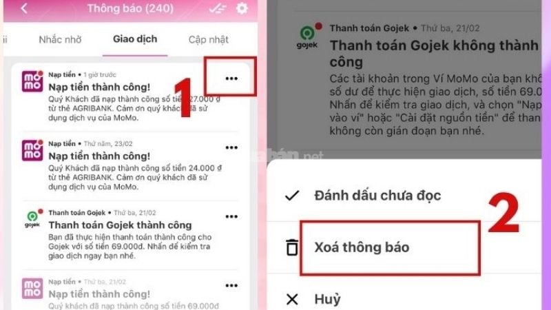 Bước 2: Chọn Xóa thông báo