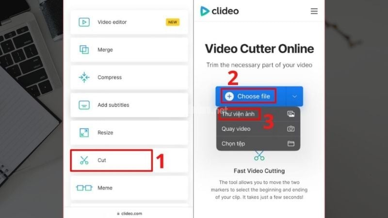 Chọn Cut, nhấn Choose File, chọn Thư viện ảnh, chọn video cần cắt