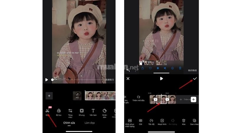 Nhấn vào mục Sửa (biểu tượng cây kéo), di chuyển thanh trượt đến vị trí đầu và cuối của video, sau đó nhấn Cắt. Nhấn dấu tick trắng để xác nhận