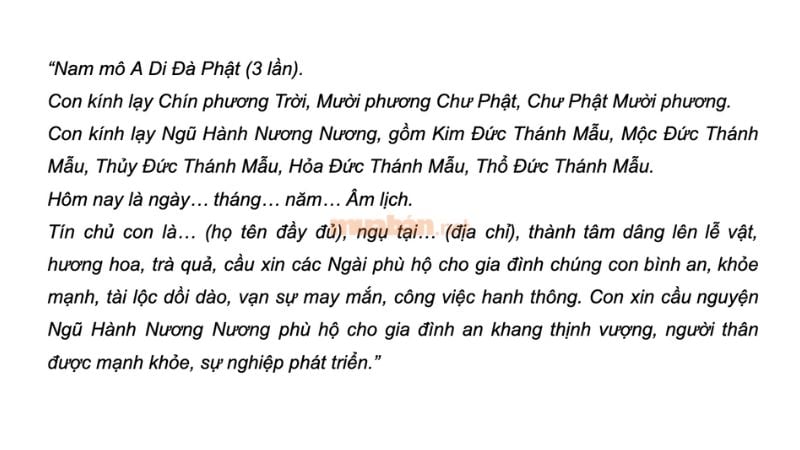 Văn mẫu bài khấn 5 mẹ ngũ hành chi tiết và đơn giản nhất