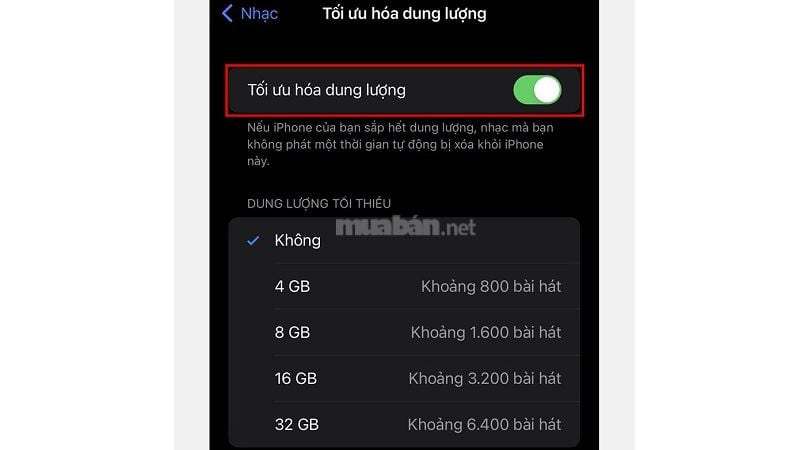 Bật chức năng tối ưu hóa dung lượng