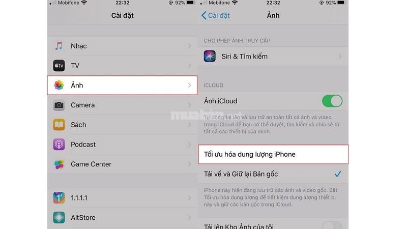 Chọn tính năng tối ưu hóa dung lượng iPhone