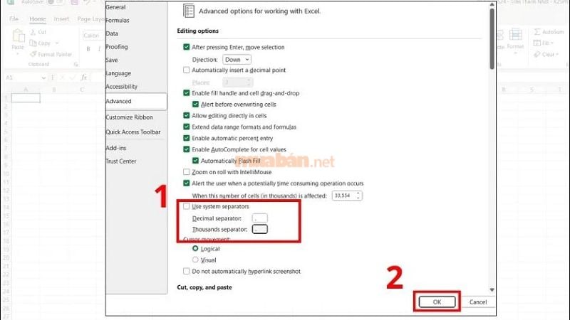 Bỏ chọn mục "Use system separators" 