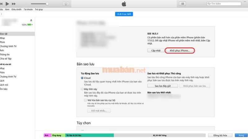 Chọn mục Khôi phục iphone trên giao diện