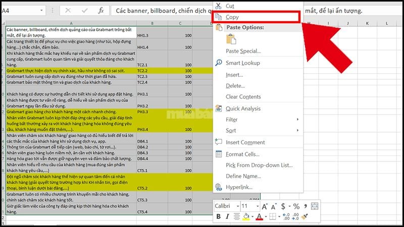 Chọn bảng tính trong Excel > Nhấn chuột phải vào vùng đã chọn > Chọn Copy