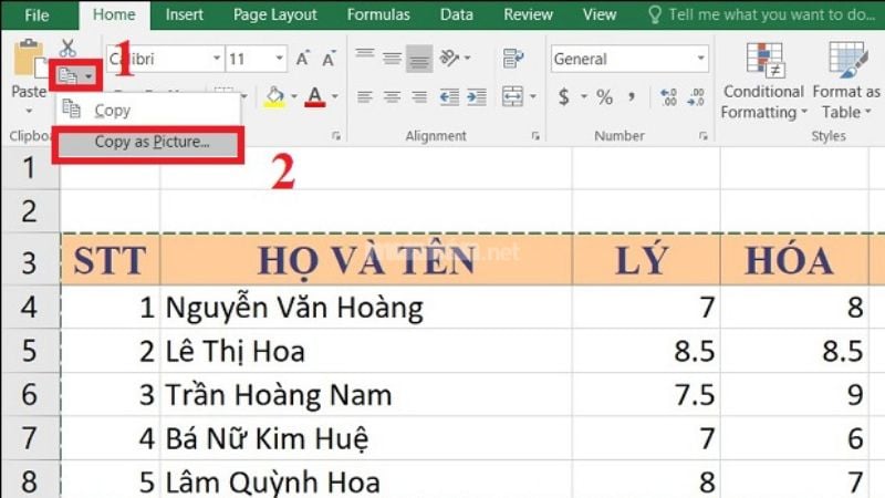 Chọn dữ liệu trên Excel > Truy cập thẻ Home > Nhấn vào Copy > Chọn Copy as Picture