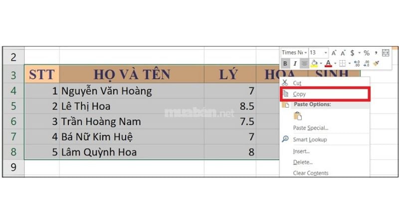 Chọn dữ liệu trên Excel > Nhấn chuột phải > Chọn Copy