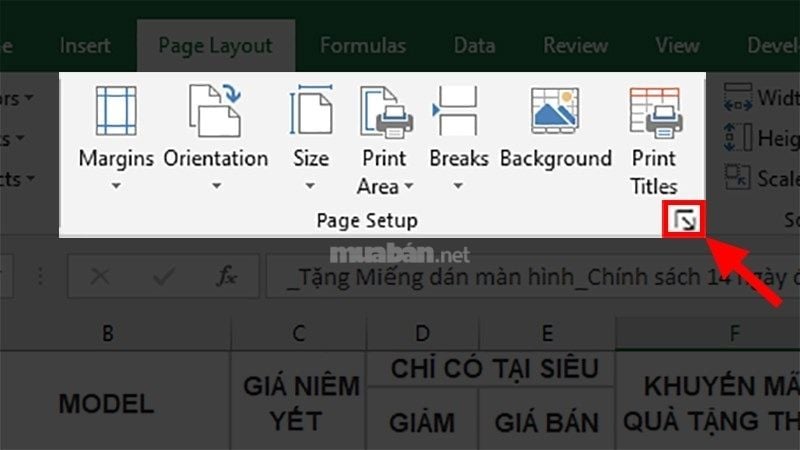 Bước 2: Nhấn vào biểu tượng mũi tên chéo xuống trong nhóm Page Setup để mở cài đặt trang in.