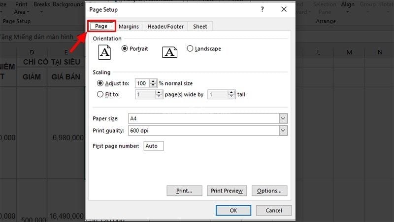 Chọn thẻ Page, sau đó điều chỉnh các thông số