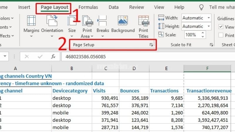 Chọn Page Layout > Nhấp vào Page Setup