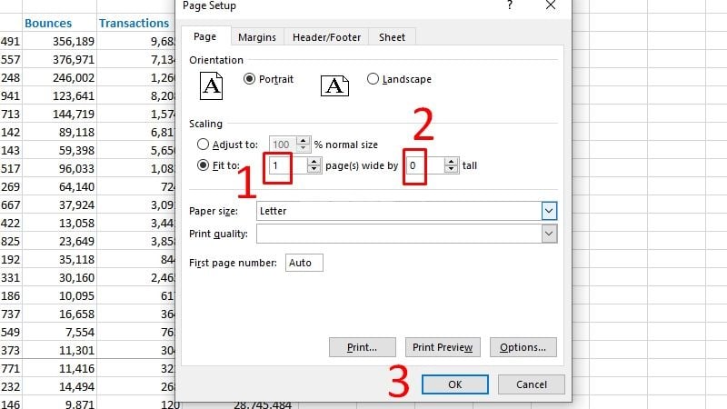 Page Setup > Scaling > Chọn Fit to 1 page(s) wide by 0 tall > Nhấn OK