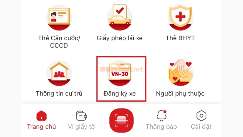 Cách tích hợp đăng ký xe vào VNeID đơn giản và nhanh chóng Chọn "Đăng ký xe"