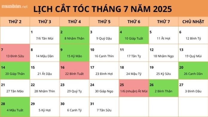 lịch cắt tóc tháng 7 năm 2025