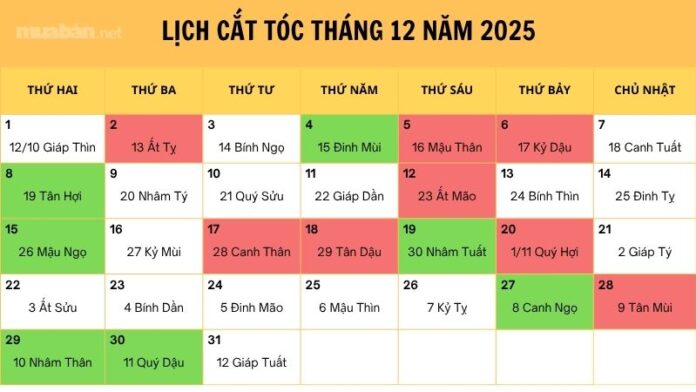 lịch cắt tóc tháng 12 năm 2025