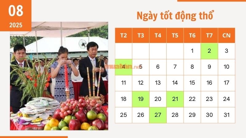 Ngày tốt động thổ tháng 8 năm 2025