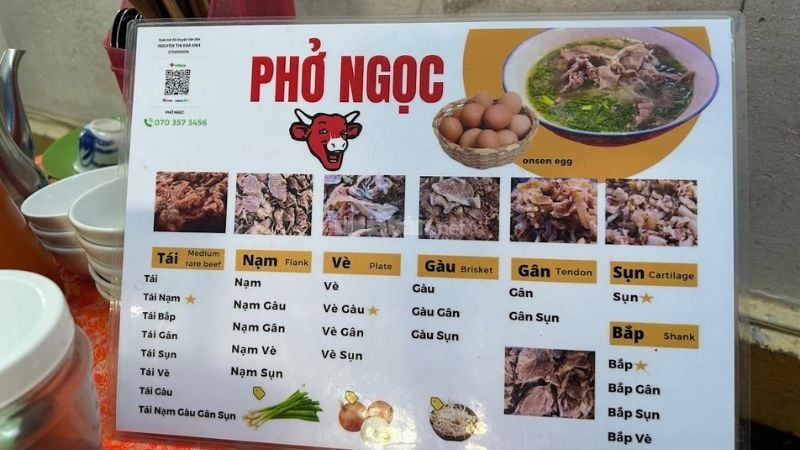 Thực đơn các món phở tại Phở Ngọc
