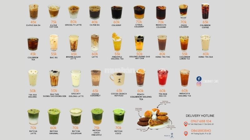 Thực đơn nước Cokernut Cafe đa dạng cùng giá cả hợp lý