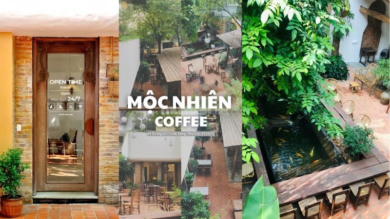 Mộc Nhiên Coffee - không gian xanh mát, yên bình, phong cách mộc mạc gần gũi thiên nhiên. Thích hợp để thư giãn và tụ tập quanh năm.