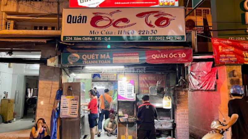 Quán ốc Tô – Không gian bình dân, món ốc đa dạng, đông khách từ trưa đến tối.
