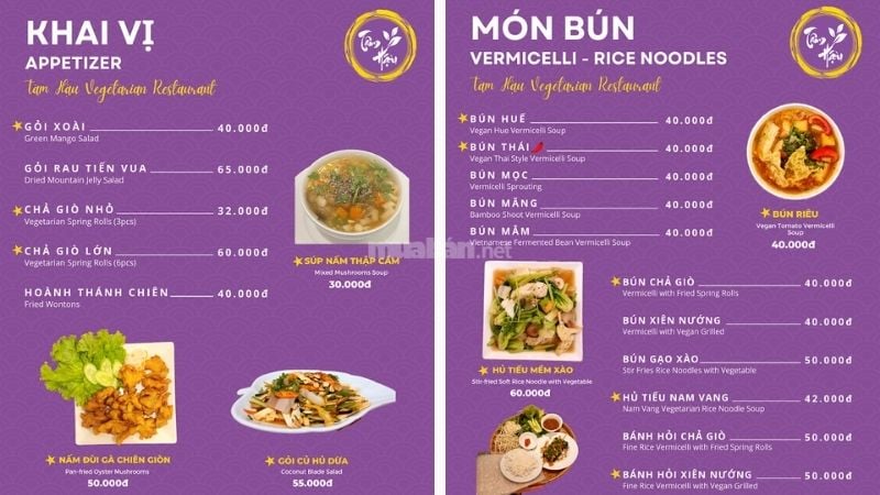 Menu phong phú món chay tại Quán chay Tâm Hậu
