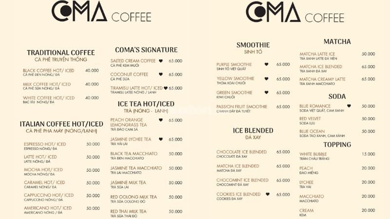 COMA Coffee nổi tiếng với menu đa dạng và chất lượng