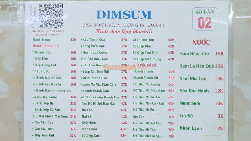 Menu của quán Học Lạc Dim Sum ( Nguồn: Đánh giá trên google map)