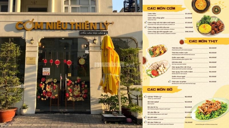 Cơm Niêu Thiên Lý - Mỹ Văn - Cửa hàng mặt tiền sáng sủa cùng menu đa dạng các món Cơm Niêu (cơm thố đất) truyền thống và các món ăn kèm.